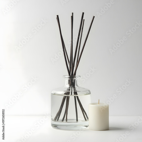 Minimalist reed diffuser bottle and ceramic candle isolated on white background.