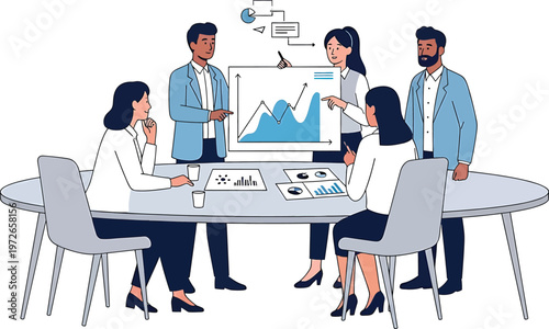 A team of professionals collaborating around a presentation table with charts and graphs Vector