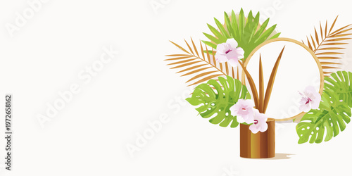 Tropical leaves and flowers arranged in a decorative stylized composition