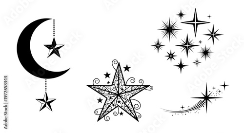 Celestial Elements Set with Crescent Moon and Decorative Stars
