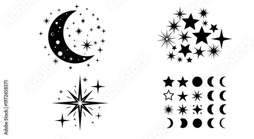 Celestial Elements Set with Moon Phases and Decorative Stars