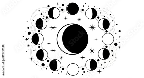 Celestial Moon Phases Cycle Illustration with Stars
