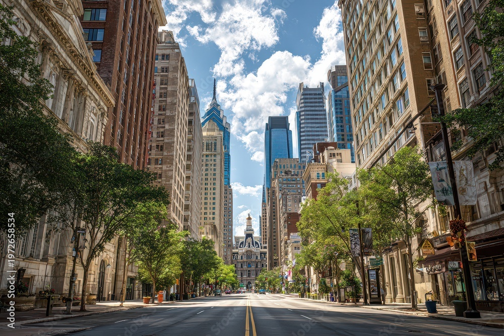 Obraz premium Sunny street buzzes with city life