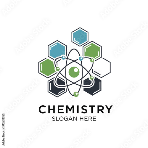 Chemistry Logo Design with Atom and Hexagonal Molecular Structure