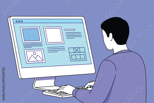 Man viewing a computer screen with multiple windows open