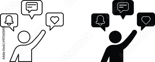 Foto User Interaction Icons Set – Notification, Message and Like Symbols in Line and