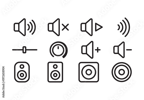 Collection of sleek, modern, minimalist line art icons representing various audio controls and speaker symbols, perfect for digital interfaces, apps