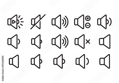 Collection of speaker icons representing various audio controls and states, including volume up, volume down, mute, and sound waves, presented in a clean,