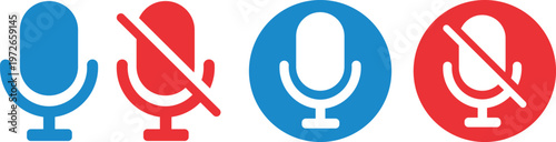 flat style microphone and mute icon set in blue and red circles for audio recording voice communication and sound control ui design
