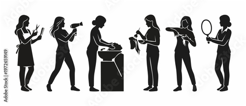 Hair Salon Service Silhouettes: Women Styling, Cutting, Washing, Dyeing Hair. Beauty & Care Illustrations. Isolated Vector Icon Set. Hairdressing Services and Stylists in a Modern Design [200 chars]