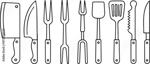 Black and white line collection of various kitchen utensils and tools line kitchen utensils knife de