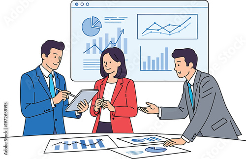 Professionals discussing business analytics and data visualization strategies together Vector