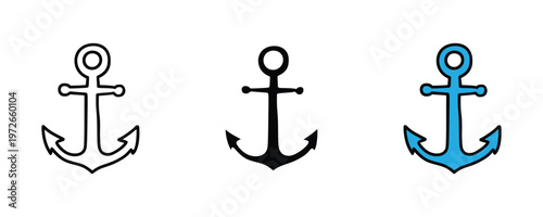 Nautical ship anchor icon set in line art, solid black, and vibrant blue color for maritime travel, marine equipment, and stability or security concepts. Vector Illustration.