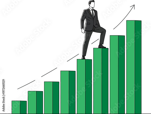 Business professional climbing upward on a series of growing bars representing success Vector