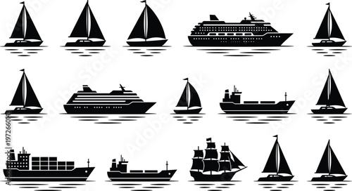 Boat and ship silhouette icons set with sailboat, cargo vessel, cruise liner, maritime transport symbols for sea travel navigation illustration collection vector