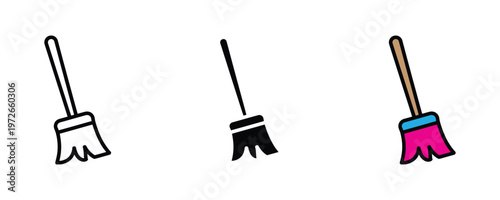 Household cleaning broom icon set in line art, solid black, and vibrant pink-blue color for janitorial service, home maintenance, and sanitation concepts. Vector Illustration.