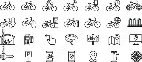 Bicycle mobility and cycling line icon set featuring bike sharing navigation parking safety equipment transport and smart urban transport symbols collection