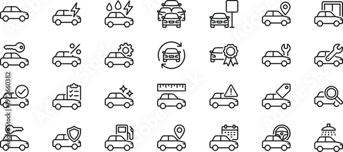 Car service and maintenance line icons set featuring repair insurance tracking diagnostics parking fuel wash vector outline collection isolated on white