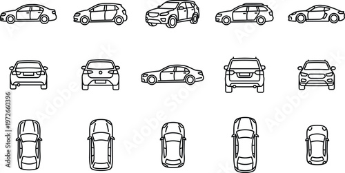 Car icons set with sedan suv hatchback coupe front side top views vehicle outline collection for automotive transport design and mobility concepts