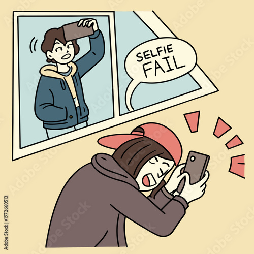 Comic style illustration of a selfie fail with a person looking upset at their phone with social media with self portrait