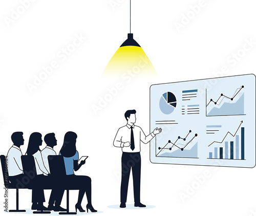 Business presentation with analytical charts and an engaged audience Vector