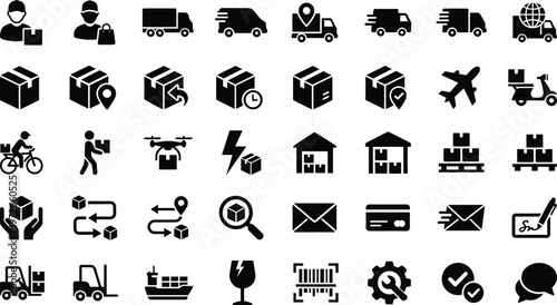Delivery logistics and shipping solid icon set featuring courier package tracking warehouse transport ecommerce distribution supply chain and service symbols collection