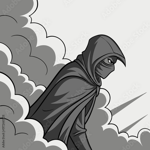 Mysterious figure in a hooded cloak emerging from smoke