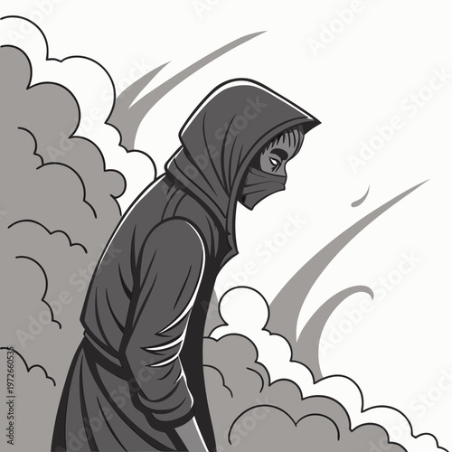 Dark figure in a hooded cloak with smoke effects
