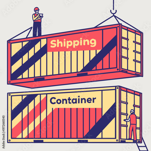 Two shipping containers being lifted by a crane in a warehouse or port with shipping container with supply chain with heavy equipment with flat design with line art