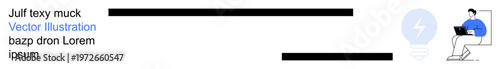 Remote work, innovation, productivity, creative ideas, brainstorming, lifestyle. A person typing on a laptop beside a light bulb icon. Remote work and innovation clearly