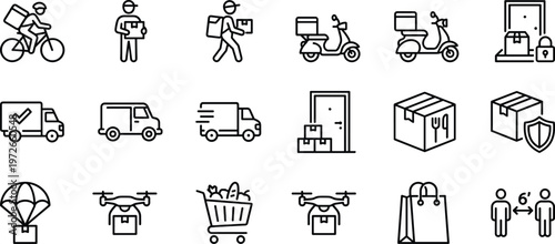 Delivery and logistics line icons set with courier, shipping, package tracking, warehouse, drone delivery, ecommerce symbols for fast transport service illustration collection vector