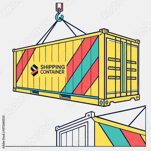 Yellow shipping container being hoisted by a crane in a port or industrial area with a partial view of another container is visible below with heavy equipment with supply chain with flat design