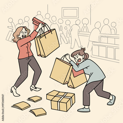 Excited shoppers with shopping bags and boxes in a store with several stacks of boxes are on the floor