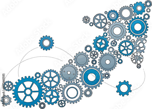Interconnected gears forming an upward trajectory against a plain background Vector