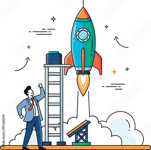 Businessman launching a rocket towards success and innovation Vector