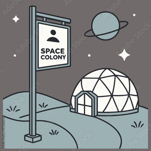 Illustration of a space colony dome settlement on an alien planet with outer space with science fiction with sci fi with space travel with domed city with geodesic dome with extraterrestrial life