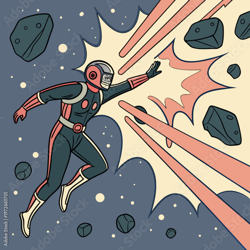 Retro comic book style superhero flying through space avoiding asteroids with the color palette is muted with pops of red and yellow with sci