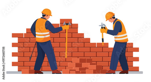 Two construction workers building a brick wall with hammers and safety gear