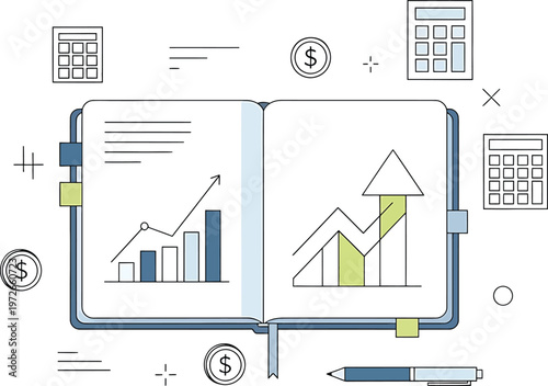 Open notebook displaying financial growth and planning charts with business icons Vector