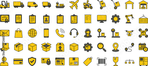 Logistics and delivery line icon set featuring shipping warehouse transport communication packaging tracking ecommerce symbols for web app ui infographic design