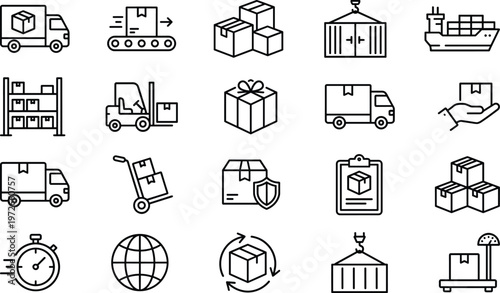 Logistics and delivery line icons set featuring shipping truck warehouse cargo container forklift packaging tracking ecommerce supply chain transport symbols global modern outline