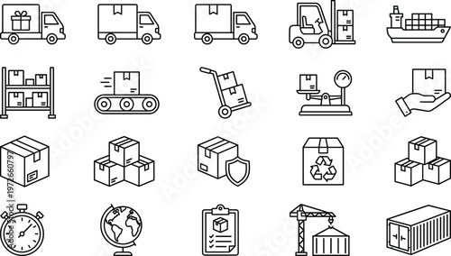 Logistics and shipping line icons collection with delivery trucks warehouse cargo forklift packaging tracking ecommerce transport supply chain symbols modern outline set