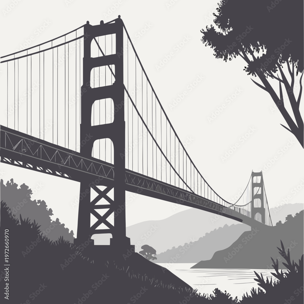 Fototapeta premium Golden gate bridge silhouette at sunrise with rolling hills and water with the scene is depicted in a monochrome style, possibly at dawn or dusk, san francisco, suspension bridge, iconic landmark