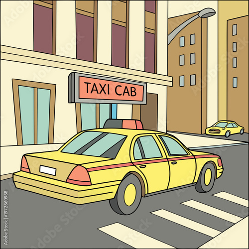 Yellow taxi cab on city street with buildings and crosswalk with yellow car with public transport with pick up with drop off