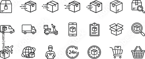 Shipping and delivery line icons set with logistics, courier, tracking, warehouse, transport, ecommerce symbols for fast global parcel service illustration collection vector