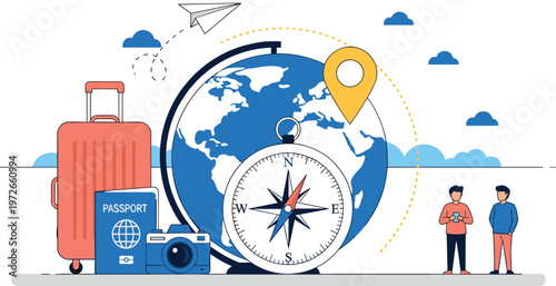 Global travel navigation concept with world map compass location pin suitcase passport camera and tourists illustration for journey planning design