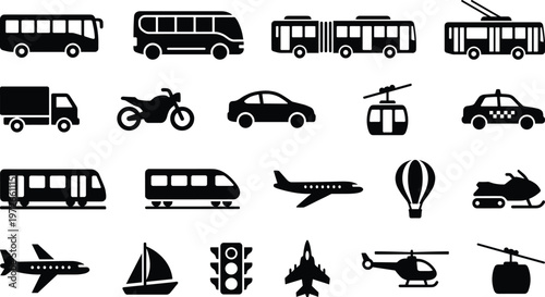 Transportation icons set featuring bus car truck train airplane helicopter taxi cable car motorcycle vector silhouette collection for travel mobility and transit