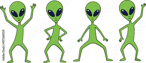 Green alien character poses collection with cute extraterrestrial cartoon figures in different gestures for sci fi illustration and fun design