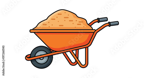 A vibrant orange cartoon wheelbarrow filled with sand on a clean white background