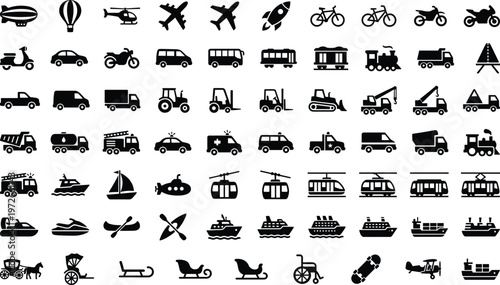 Transportation icons mega set featuring vintage modern vehicles cars trains planes ships bikes scooters construction trucks vector silhouettes collection isolated on white background